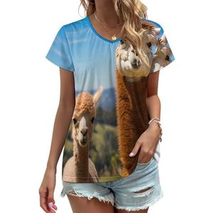 Grappige lama alpaca dames V-hals T-shirts schattige grafische korte mouw casual T-shirt tops M