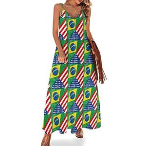 Brazilië en VS vlag dames zomer maxi-jurk V-hals mouwloze spaghettiband lange jurk