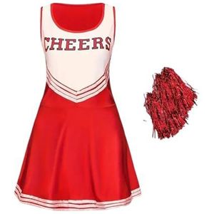 FASHIONISM Cheerleader Fancy Dress Outfit Uniform High School Cheers Gedrukt Ruche Zoom Jurk met Bijpassende Pom Pom