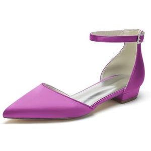 Dames Gespitste Satijnen Bruidsschoenen Platte Lage Hakken Enkelband Ivoor Bruidsschoenen,Purper,35 EU