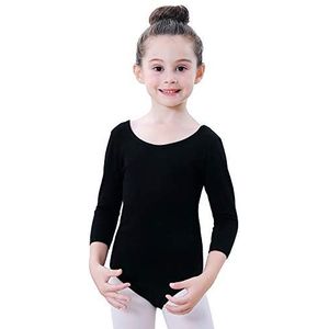 Soudittur Balletpak voor kinderen, katoen, 3/4 lange mouwen, ballet, tricot, dansbody, turnpakje voor meisjes (zwart, dag 120 (hoogte: 115-125 cm))
