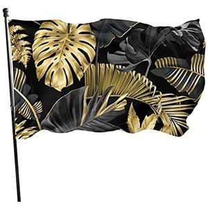 Vlag 90 x 150 cm, gouden zwarte tropische bladeren boerderij vlag decoratie indoor vlag levendige kleur tuin vlaggen, voor feesten, carnaval, activiteiten