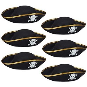 6x piratenhoed, driepunts hoed voor carnaval, met doodshoofd, one size, voor kinderen, volwassenen, piraat, zwart