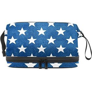 Grote capaciteit reizen cosmetische tas,Make-up tas,Waterdichte make-up tas Organizer, witte sterren op blauw patroon, Meerkleurig, 27x15x14 cm/10.6x5.9x5.5 in