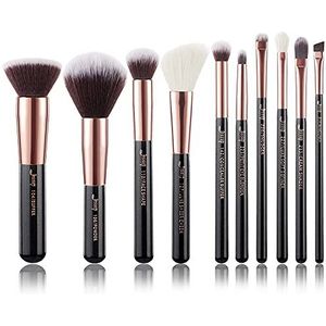 Jessup 10 stuks make-upkwasten, voor foundation, eyeliner, concealer, stempel, handgemaakte kunstharen, make-upgereedschapsset zwart en roségoud, T156