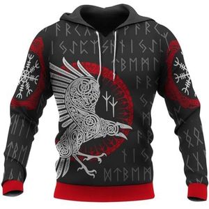 Viking 3D-geprint Pullover Sweatshirt, Heren Vintage Noorse Mythologie Tattoo Rune Amulet Streetwear, Casual en Comfortabele Hoodie met Lange Mouwen en Grote Zakken(Color:Crow B,Size:XL)