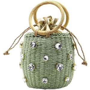 Handgemaakte schoudertas van stro, versierd met strass-steentjes, voor dames, reizen, handtassen, tas in Paille Femme, Groen, Eén maat