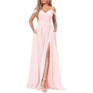 KURFACE Dames V-hals chiffon bruidsmeisjes jurken geplooide zakken formele jurk spaghettiband avondjurk, Blush Roze, 32
