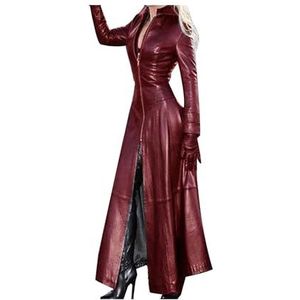 Lange Trenchcoat For Dames, Zwart Lente Herfst, Kunstleer, Windjack, Gothic Lederen jas Jas van synthetisch leer (Color : Wine red, Size : M)
