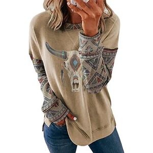 Dames shirts met lange mouwen Western Azteekse print tops herfst casual etnische ronde hals sweatshirts, Kaki, S