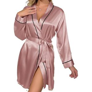 Satijn Badjas Effen Satijn Sexy Nacht Robe Elegante Lange Mouw V-hals Huis Gewaad Met Riem Vrouwen Nachtkleding Voor Vrouw, roze, M