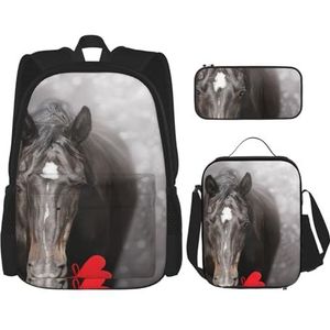 YsoLda Rugzakset, schooltas, boekentas, rugzak, 3-delige set met lunchtas, etui, zwart paard met hart, zoals afgebeeld, Eén maat