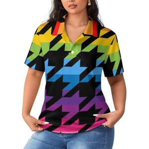 Rainbow Houndstooth Tweed dames sportshirt korte mouw T-shirt golfshirts tops met knopen workout blouses