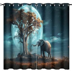 AEMYSKA Rustieke olifant verduisterende gordijnen voor woonkamer maan boom natuur landschap moderne dier raambehandeling thermisch geïsoleerde gordijnen voor slaapkamer 63 x 63 inch print doorvoertule
