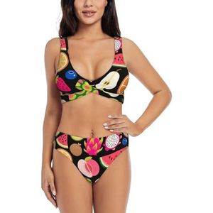 Zelinge Dames bikinisets sportief 2-delig badpak hoog getailleerd badpak S-XXL, Vruchten Zwart, S