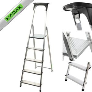 KADAX Aluminium ladder, staande ladder tot 125 kg, vouwladder voor senioren, aluminium veiligheidsladder, inklapbare ladder met plank, aluminium vouwladder, aluminium ladder (5 treden)
