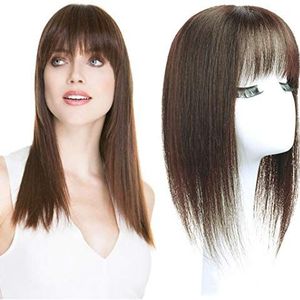 Topper van echt mensenhaar, 11 x 11 cm, steil, eendelige clip-in-head-topsluiting met dikke stompe pony (20 cm donkerbruin)