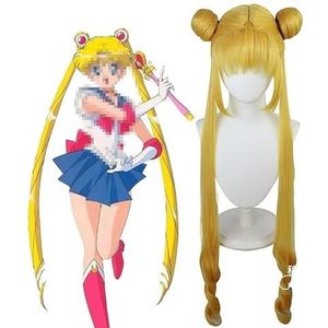 Anime Cosplay pruik, Sailor Moon pruik, Tsukino Usagi pruik, vrouwen gouden dubbele paardenstaart lang haar met pruik pet, voor Halloween, feest, carnaval, nachtleven