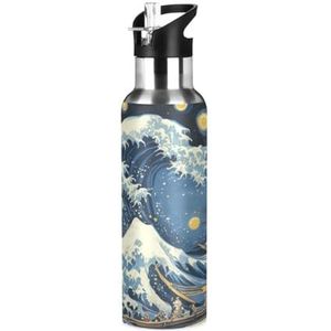 Great Wave Kanagawa Stars waterfles geïsoleerde grote 1L roestvrij staal sport vacuüm fles met rietje lekbestendig voor reizen koffie