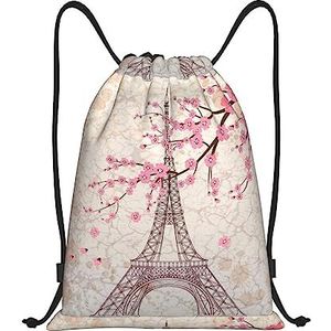 Ousika Parijs Eiffeltoren Bloemen Bloeiende Gedrukt Trekkoord Rugzak Tas Waterbestendig Lichtgewicht Gym Sackpack, Zwart, Medium
