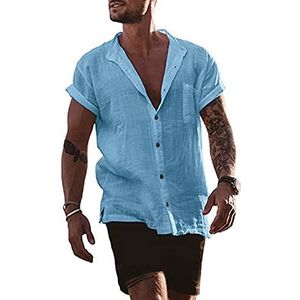 keepmore Mannen Single-Breasted Stand Kraag Blouse Korte Mouw Casual Katoen Linnen Shirt Tops, Blauw, XL