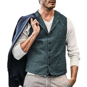 Heren Casual Vest Vintage Tweed Vest Bruiloft Wollen Vest Visgraat Zakelijk Vest Licht Navy S