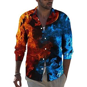 Rood en blauw vlammend vuur heren revers shirt met lange mouwen button down print blouse zomer zak T-shirts tops 5XL