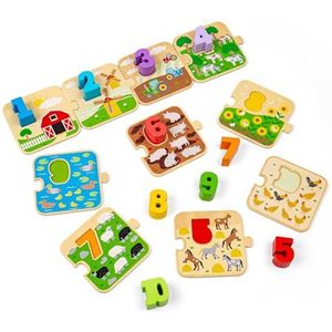 Bigjigs Toys - 1-10 Fliesen -Puzzle 20 Spielstücke - Holzzählungen und Zahlenrätsel für Kinder, Fliesen mit Bauernhyard -Themen, Montessori -Mathematikspiele, nachhaltige Kleinkindgeschenke, Alter 2