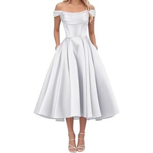 AHERKLL Thee Lengte Bruidsmeisjes Jurken voor Junioren Off Shoulder Satijn Avond Cocktail Party Maxi Jurk met Zak HAH050, Wit, 38