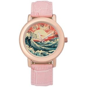 Vintage Surf Zee Golven Met Zon Horloges Voor Vrouwen Mode Sport Horloge Vrouwen Lederen Horloge