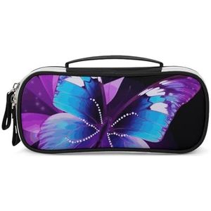 DWTJKMS Blauw Paars Vlinder Lederen Make-up Tas Draagbare Kleine Cosmetische Organizer Waterdichte Toilettas Borstels Potloden En Reizen Make Up Accessoires