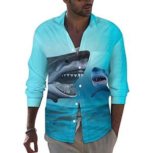 Shark Overhemd voor heren, button-down, lange mouwen, casual strandtop, met zak, normale pasvorm