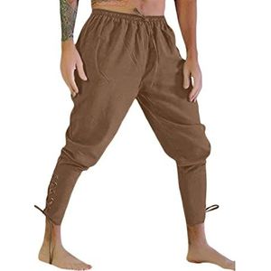 Sawmew Middeleeuwse Herenbroeken, Linnen Broeken, Retro Piratenbroeken Met Veters, Vrijetijdsbroeken (Color : Khaki, Size : L)