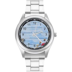 Blauw Houten Met Schelpen, Zeester En Zand Klassieke Heren Horloges Voor Vrouwen Casual Mode Zakelijke Jurk Horloge Geschenken