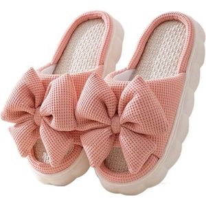 MZPOZB Stoffen huispantoffels lente zomer strikje slippers voor vrouwen thuis slippers licht dames slippers schoenen vrouw dikke zool platte linnen sandalen huisschoenen (kleur: B-roze, maat: 36-37)