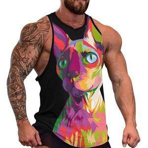 Kleurrijke Sphynx Kat Pop Art Heren Tank Top Grafische Mouwloze Bodybuilding Tees Casual Strand T-Shirt Grappige Gym Spier