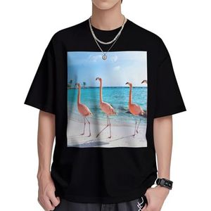 Roze flamingo op strand print dames katoenen T-shirts casual korte mouw tuniek tops ronde hals zomer basic losse pasvorm T-shirt, Zwart, S