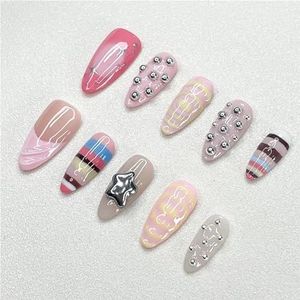 Handgemaakte schattige meisjesachtige nail art 3D roze glanzende amandelvormige nagels met regenboogmozaïek, handgeschilderde serie(M)