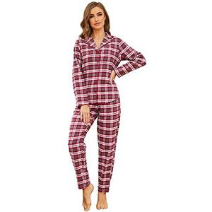 Mnemo Damespyjama, lang, flanel, pyjama, geruit, dames, 100% katoen, Rood, S
