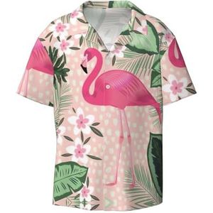 TyEdee Flamingo-print voor heren, korte mouwen, overhemd met zak, casual overhemd met knopen, zakelijk overhemd, Zwart, XL