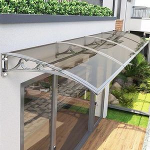 120 x 360 cm raamluifel, luifels voor terras/deur/terras/veranda, zilveren beugel bruin paneel moderne polycarbonaat overhead deur luifel met holle plaat voor regen sneeuw zonlicht bescherming