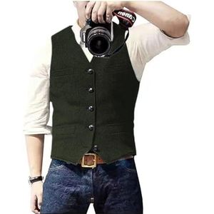 Solovedress Casual wollen vest met visgraatpatroon voor onder pak, v-hals, tweedvest voor bruiloft, groomsmen, Legergroen, M