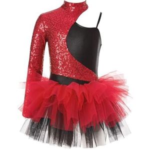 Gymnastiekpak voor meisjes, jazzdanskostuums voor kinderen, gymnastiekpak met glanzende pailletten, asymmetrische mouwen, tule-danskleding voor podiumoptredens (Re