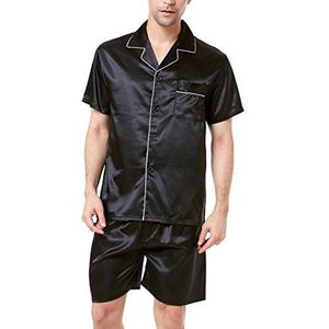 Satijnen pyjamaset met korte mouwen voor heren, Zwart met witte bies, XL
