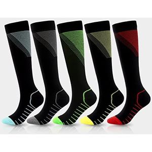 VCWANG 5 paar kleuren gestreepte V-vormige compressiesokken, outdoor sport compressiesokken, heren en dames elastische sokken, L/XL