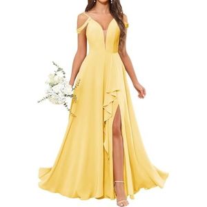 HPPEE Avondjurk voor dames, V-hals, blote schouders, bruidsmeisjesjurk met split en ruches, Geel, 32