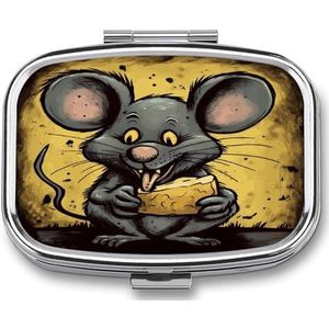 Kleine pillendoos 2 compartimenten medicijnpillendoosje draagbare rat eet een stuk kaas bedrukte pillencontainer voor zak of portemonnee pillendoos metalen medicijnen vitamine organizer