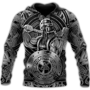 Noorse Mythologie Odin Warrior Sweatshirt, Nieuwigheid Harajuku 3D Full Body Gedrukt Thor Hammer Tattoo Helm Hoodie, Middeleeuwse Viking Pagan Big Pocket Jacket (Color : Pullover Hoodie, Size : 3XL