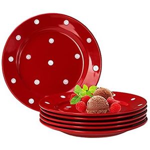 Van Well Emily 6-delige set taartborden rood-wit gestippeld, rond Ø 200 mm, aardewerk borden rond, dessertborden