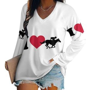 I Love Horse Race Casual T-shirts met lange mouwen voor dames, V-hals, bedrukte grafische blouses, T-tops, M